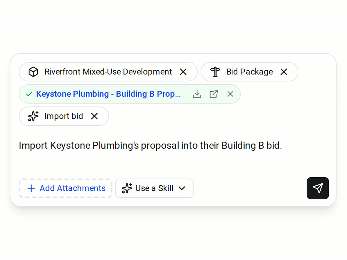 The Constructable Agent with the Import bid skill selected, a subcontractor's proposal PDF attached, and a request to import it into the matching bid