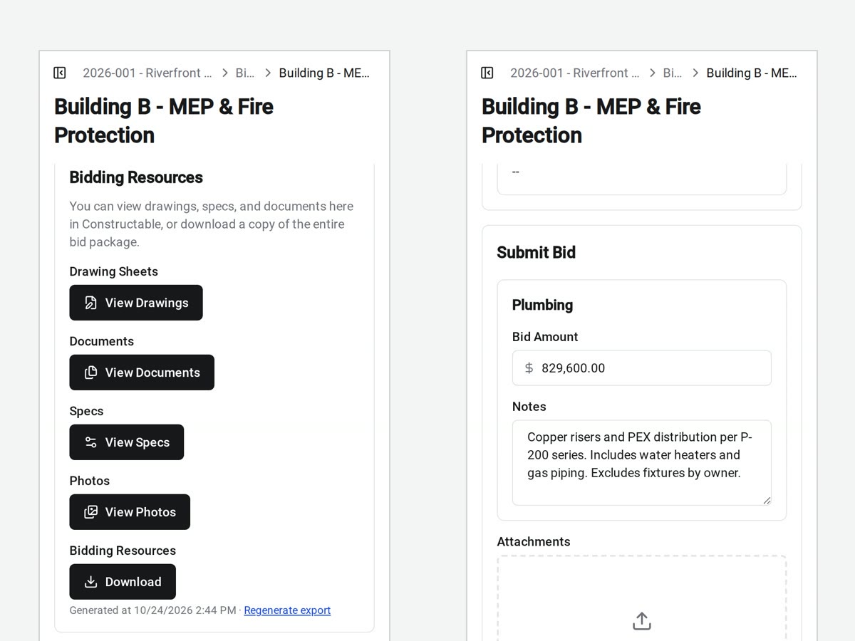 Two phone screens of the Constructable Bidder Portal: Bidding Resources with a ready Download All ZIP, and the Submit Bid form with a plumbing scope amount and notes