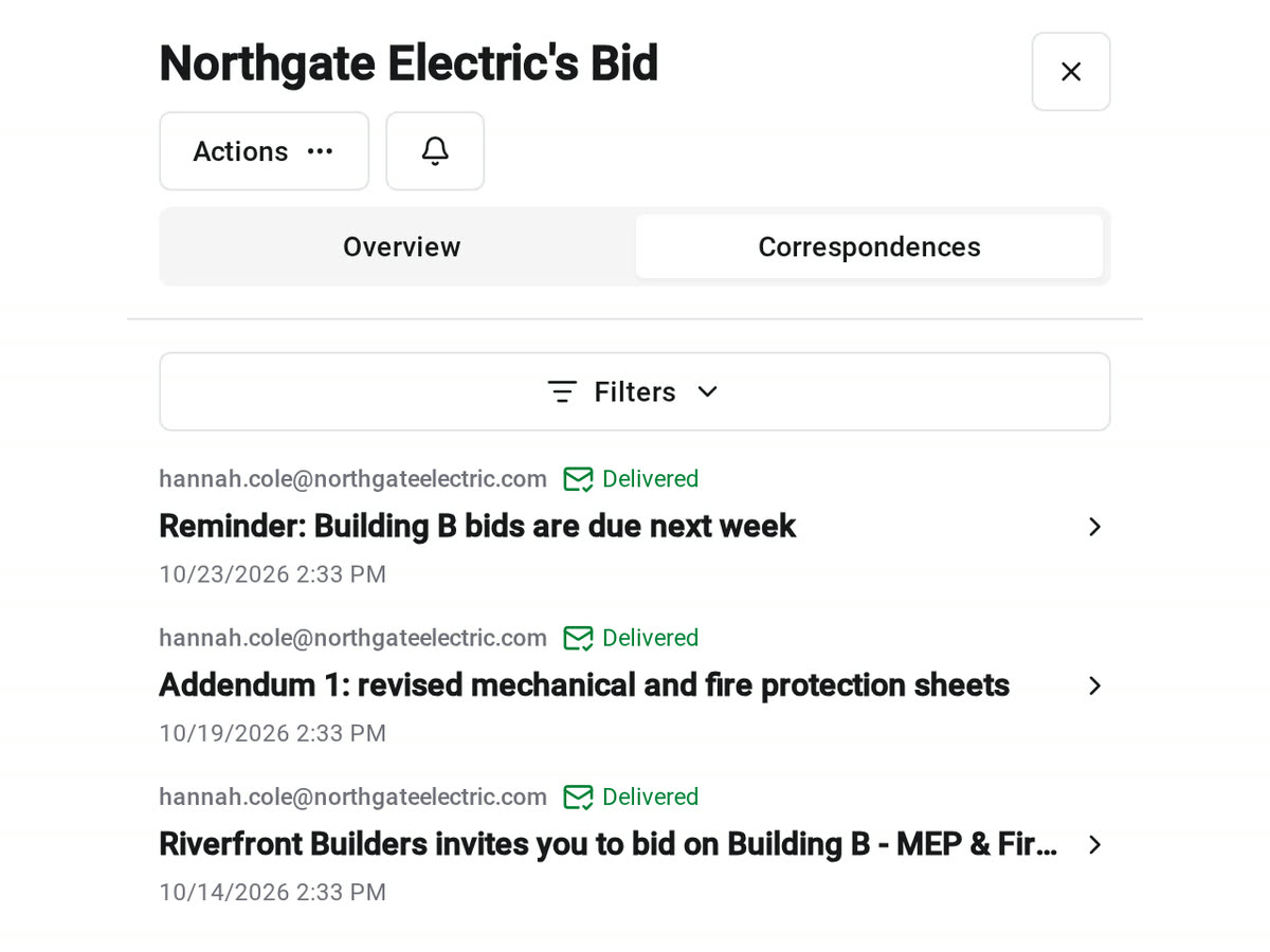 The Correspondences tab on a subcontractor's bid in Constructable, listing the bid invitation, an addendum notice, and a reminder, each marked Delivered