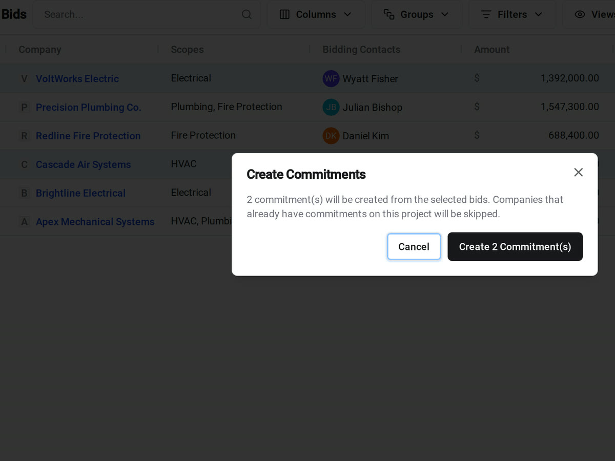 The Create Commitments dialog over Received Bids in Constructable, ready to create two commitments from the selected bids