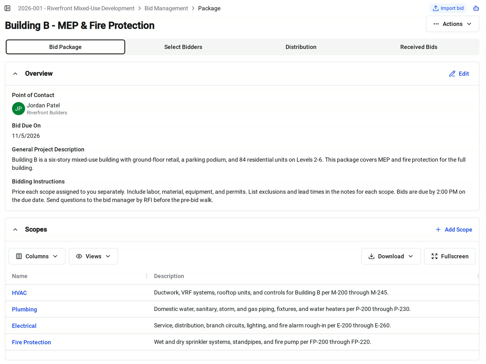 A bid package in Constructable with its point of contact, due date, project description, bidding instructions, and four scopes: HVAC, Plumbing, Electrical, and Fire Protection