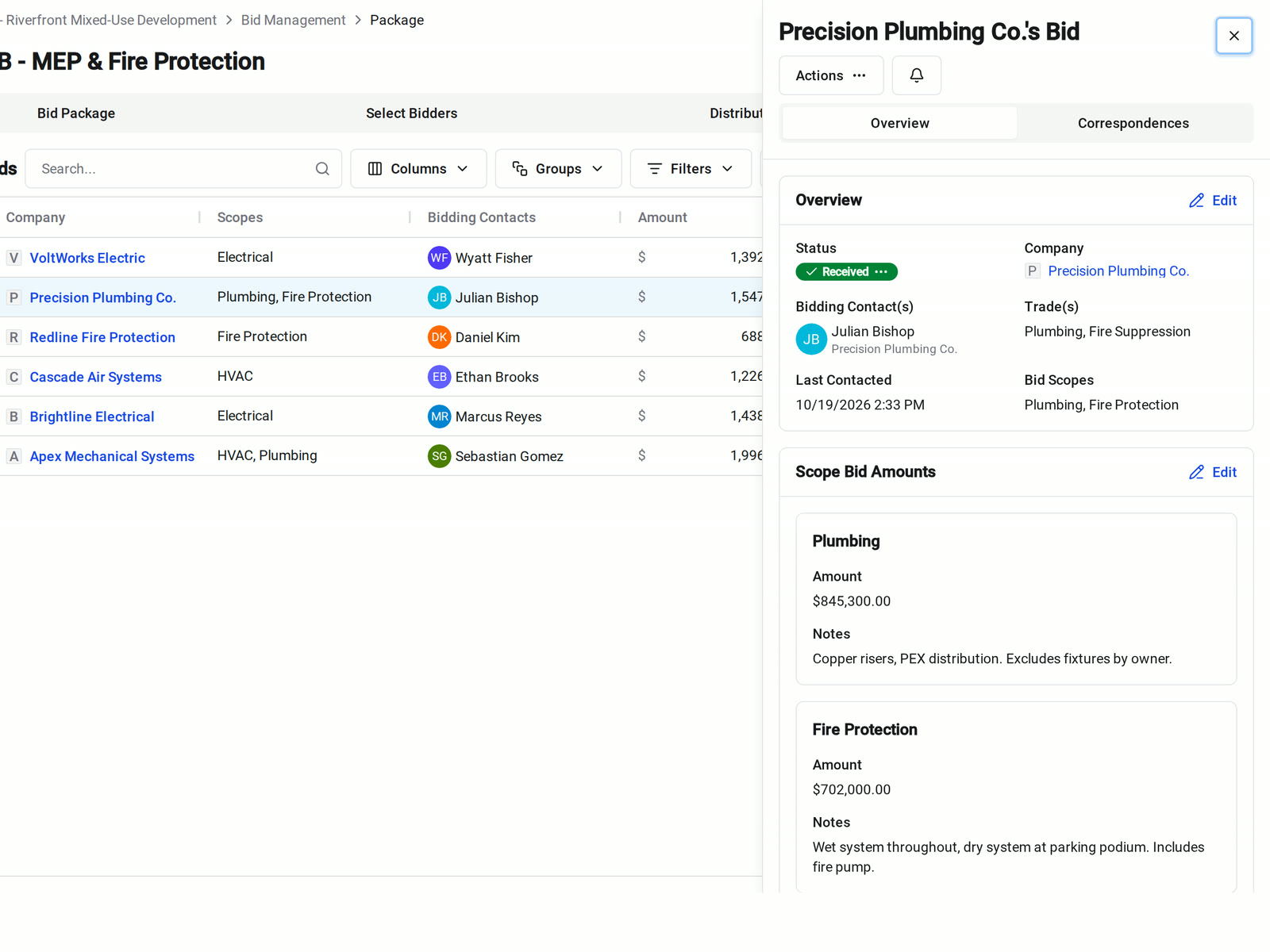 Received Bids in Constructable with six subcontractor bids and their totals, next to one bid's separate plumbing and fire protection amounts and notes
