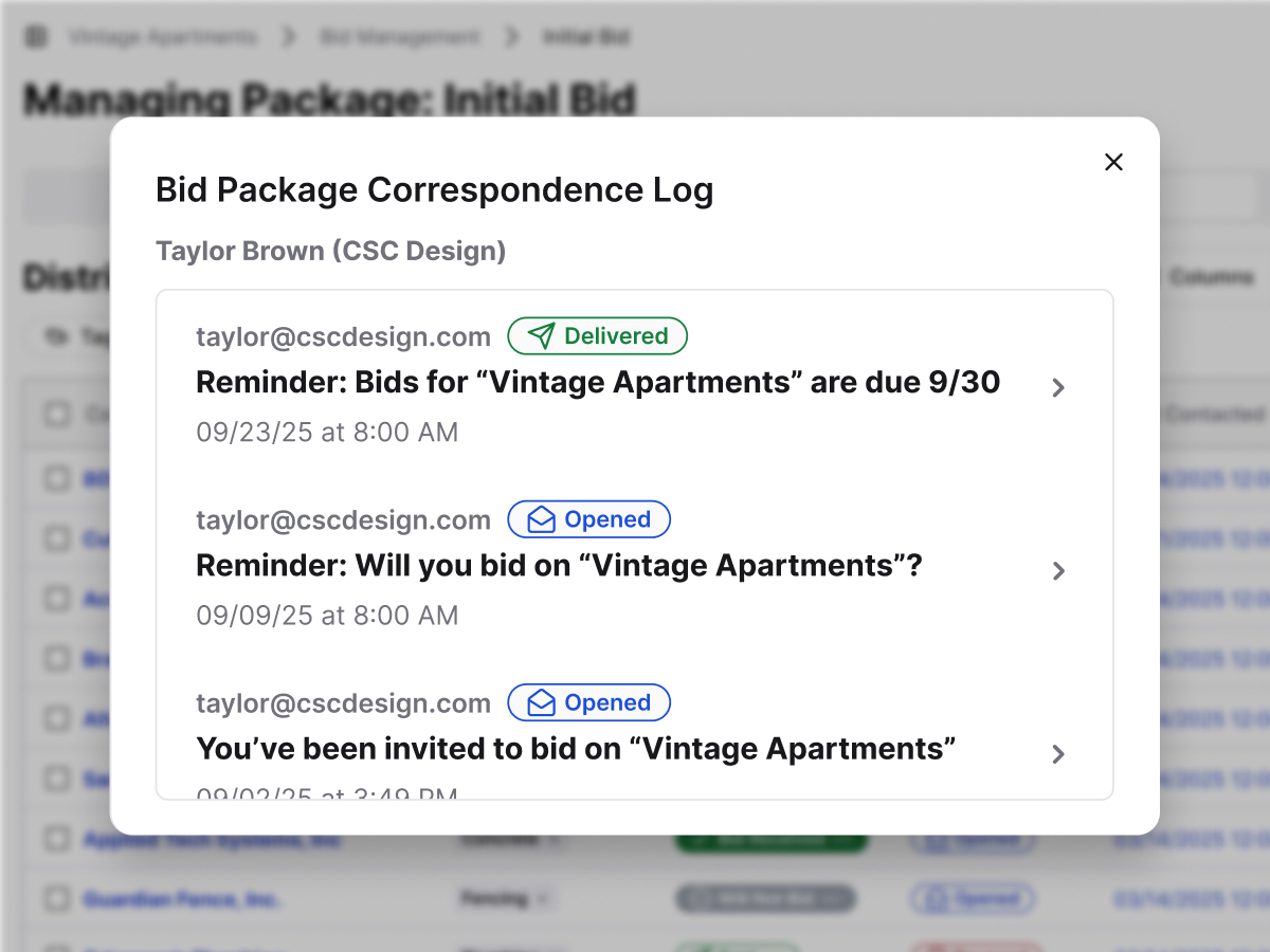 A screenshot showing Constructable's bid management correspondence log feature, which allows users to track all communication with bidders, including all emails sent to the bidder and their status (delivered, opened, bounced, etc.) which is useful for verifying and managing correspondence with bidders. The screenshot shows a scrolling table view of the correspondence log, with the recipient, subject, and the logged date of the correspondence.