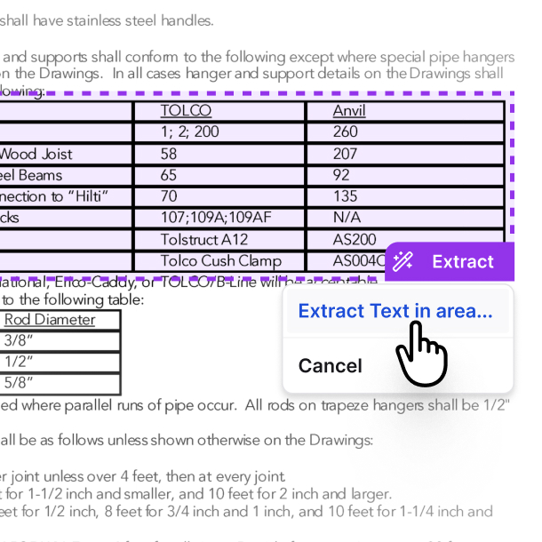 A screenshot of Constructable's Magic Extractor feature, where users can click-and-drag a purple selection box around a table or text on a drawing sheet to easily extract the data into a document or spreadsheet. There is a context menu that allows users to confirm that they want to extract the data. This feature uses AI to automatically extract the data and, importantly, preserve the table and text formatting of the data, saving users time and reducing errors.