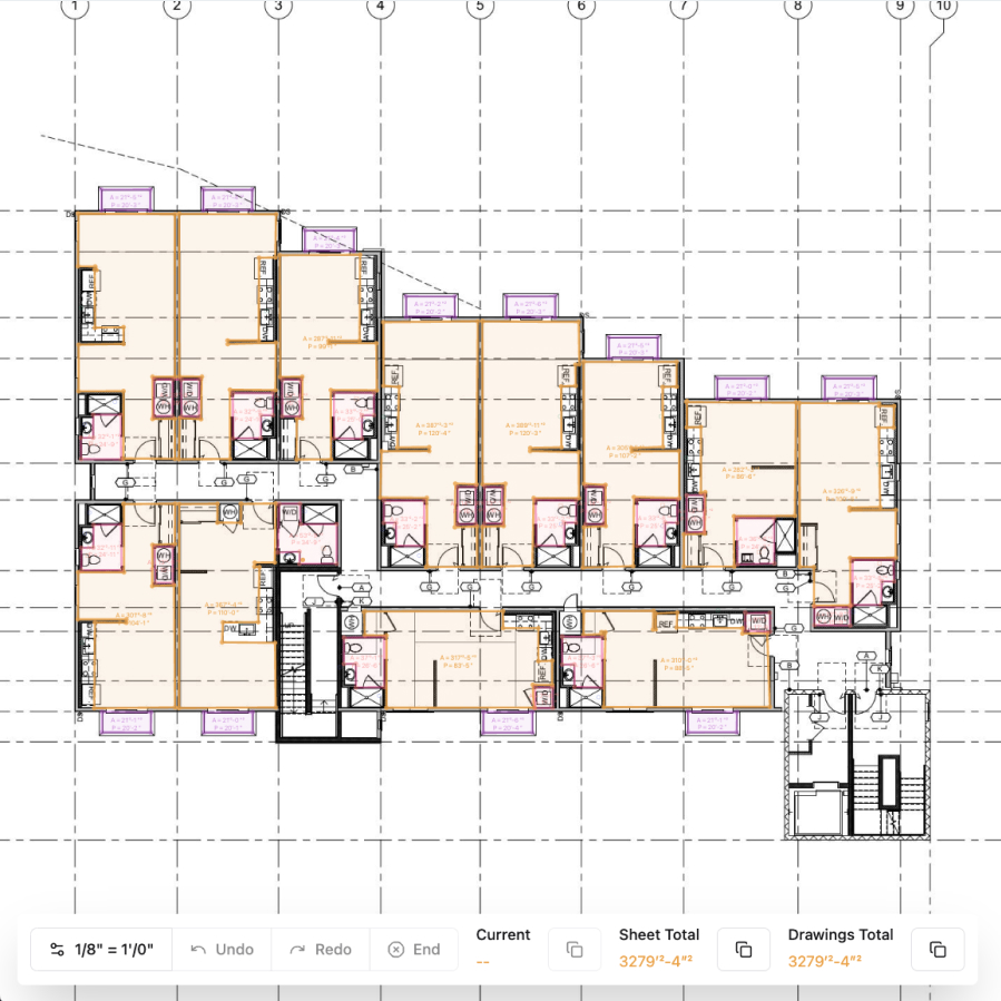 A screenshot of Constructable's takeoffs feature, showing a drawing sheet of a floorplan with a full set of takeoff measurements added for walls, flooring, balconies, and plumbing fixtures. Measurements are made using linear feet, areas, and quantities which mark each item to be counted. The image is quite detailed and colorful since each different takeoff item's measurements have their own unique colors.